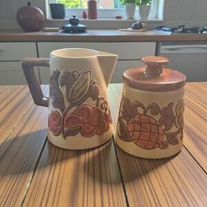 Embossed Hand Painted Jug & Sugar Bowl FolkArt Flowers & Fruit Motif by L. Moore